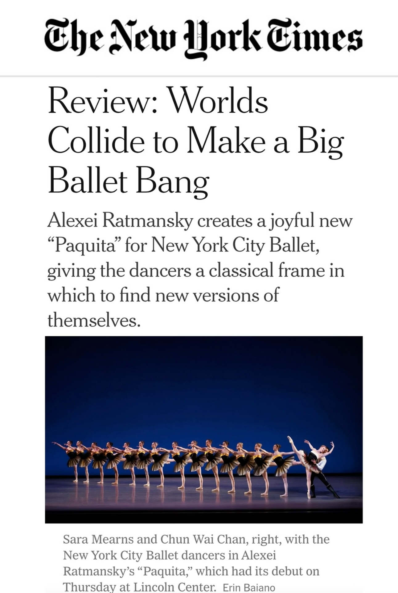 The New York Times — 'Worlds Collide to Make a Big Ballet Bang'